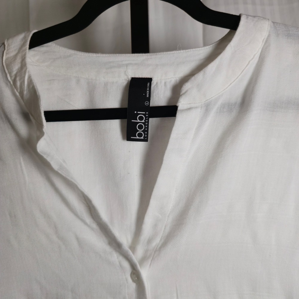 bobi Los Angeles Womens L Cotton White ButtonUp Blouse Dolman short Sleeve Shirt - Picture 2 of 12
